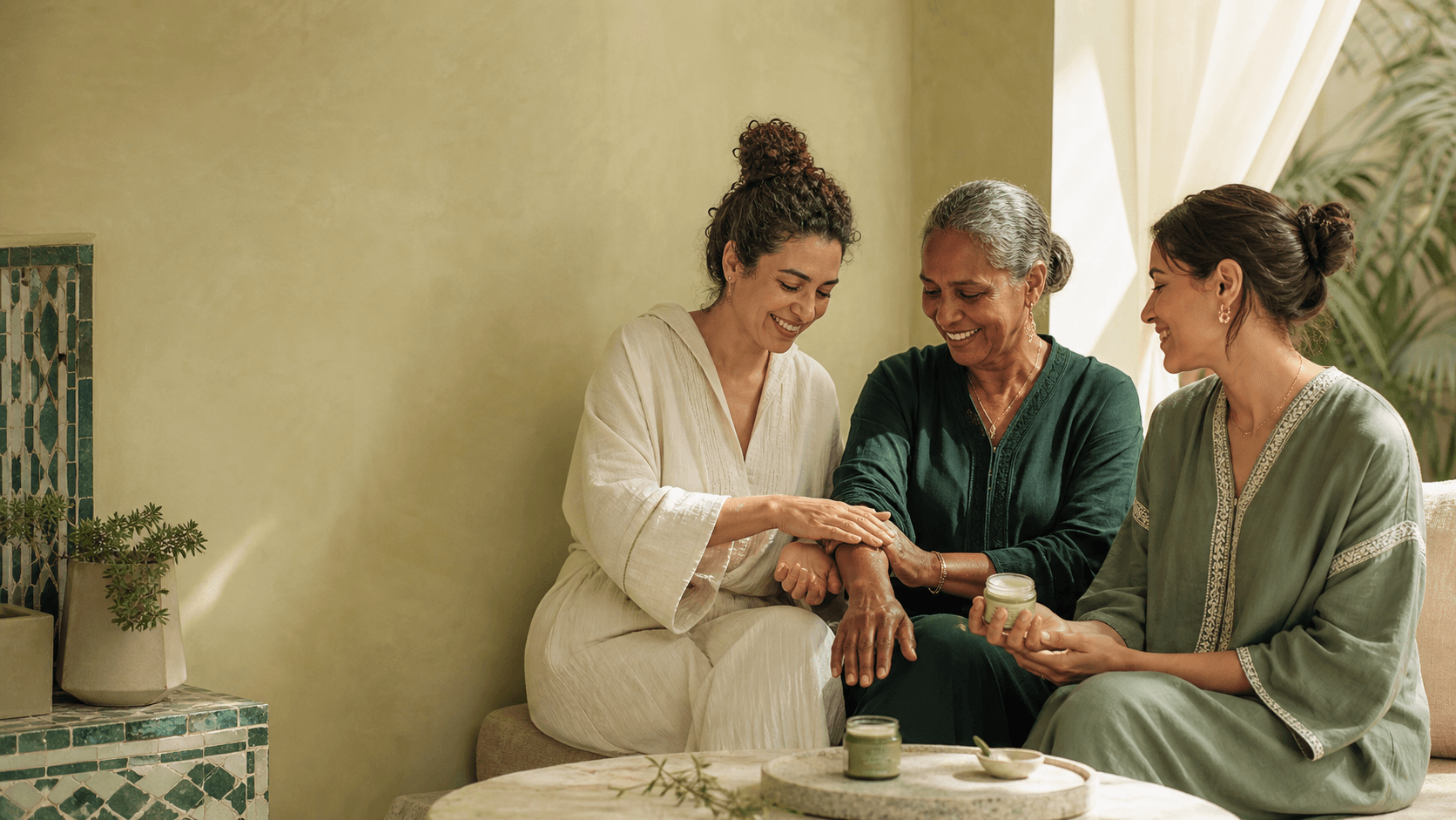 Trois femmes marocaines partageant un moment de soin et de confiance